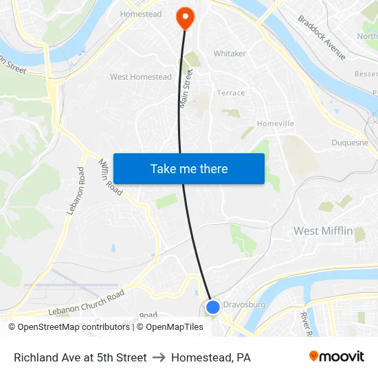Richland Ave at 5th Street to Homestead, PA map