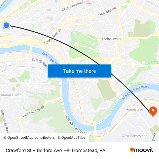 Crawford St + Belford Ave to Homestead, PA map