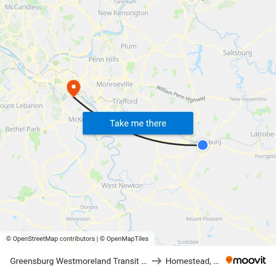 Greensburg Westmoreland Transit Ctr to Homestead, PA map