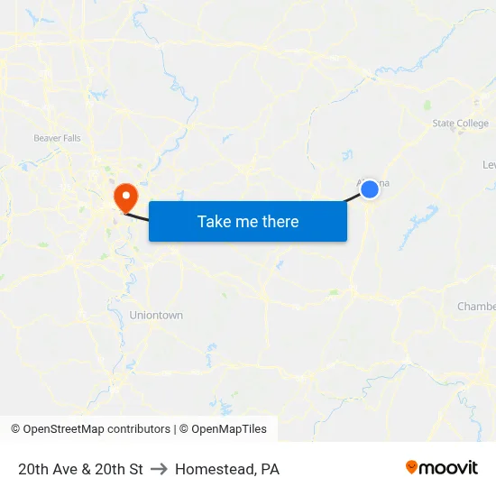 20th Ave & 20th St to Homestead, PA map