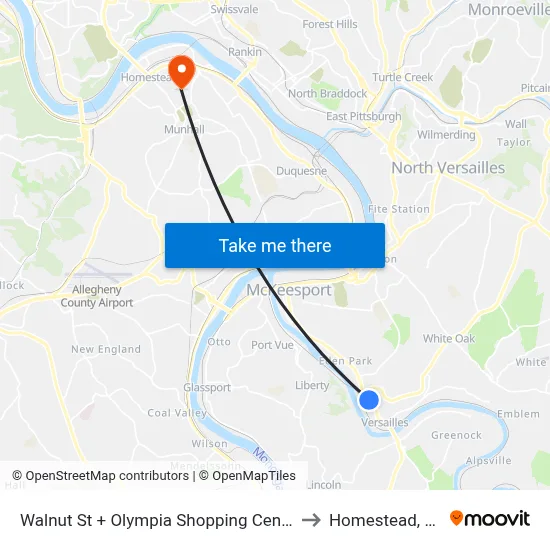 Walnut St + Olympia Shopping Center to Homestead, PA map