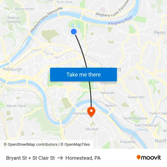 Bryant St + St Clair St to Homestead, PA map