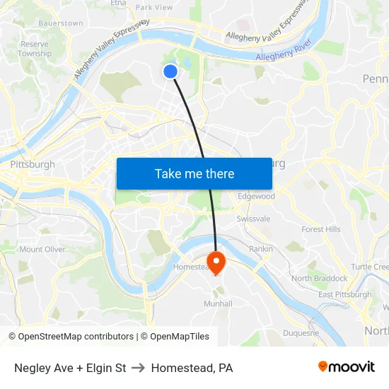 Negley Ave + Elgin St to Homestead, PA map