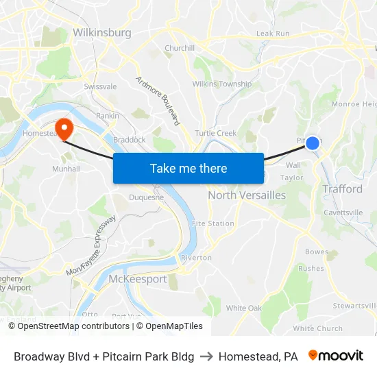 Broadway Blvd + Pitcairn Park Bldg to Homestead, PA map