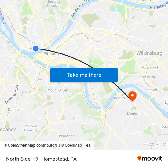 North Side to Homestead, PA map