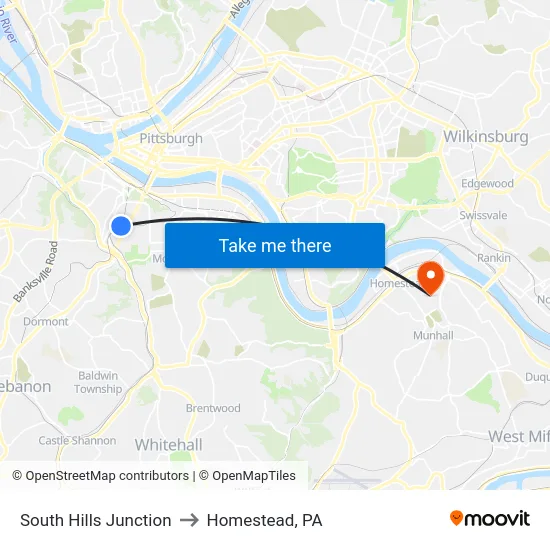 South Hills Junction to Homestead, PA map