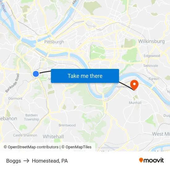 Boggs to Homestead, PA map