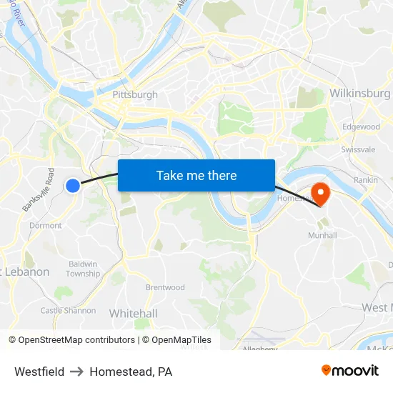 Westfield to Homestead, PA map