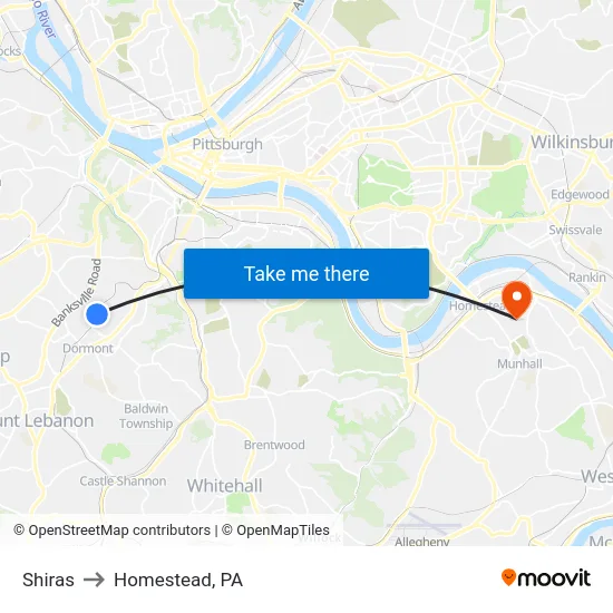 Shiras to Homestead, PA map