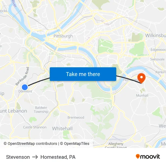 Stevenson to Homestead, PA map