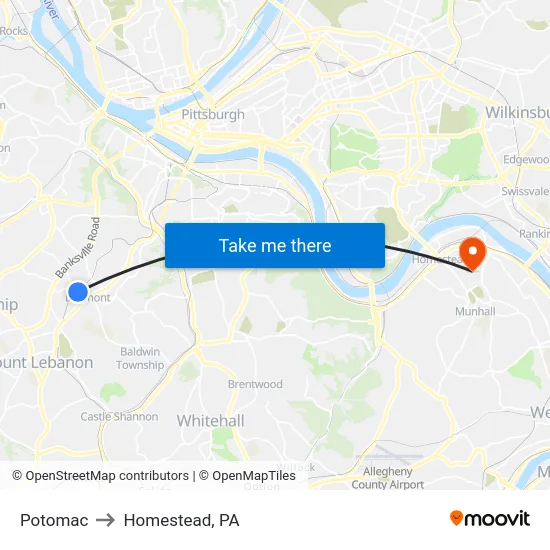 Potomac to Homestead, PA map