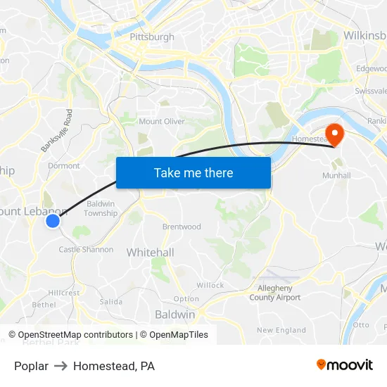 Poplar to Homestead, PA map