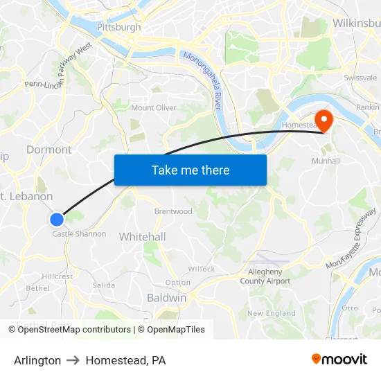 Arlington to Homestead, PA map
