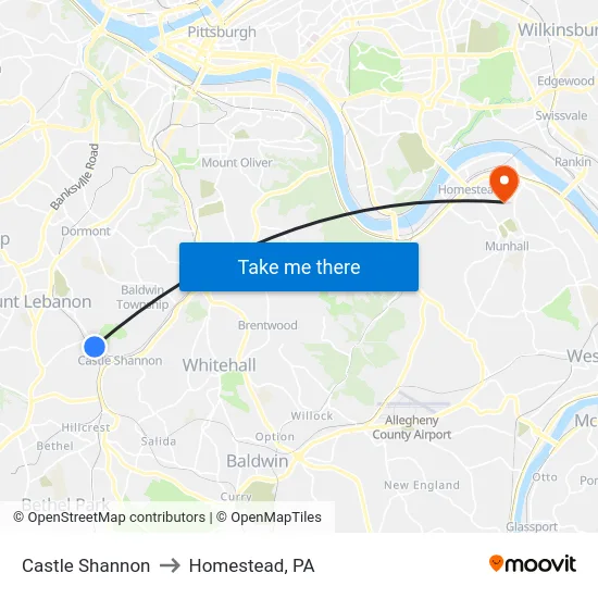 Castle Shannon to Homestead, PA map