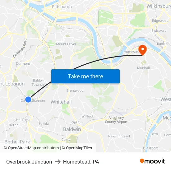 Overbrook Junction to Homestead, PA map