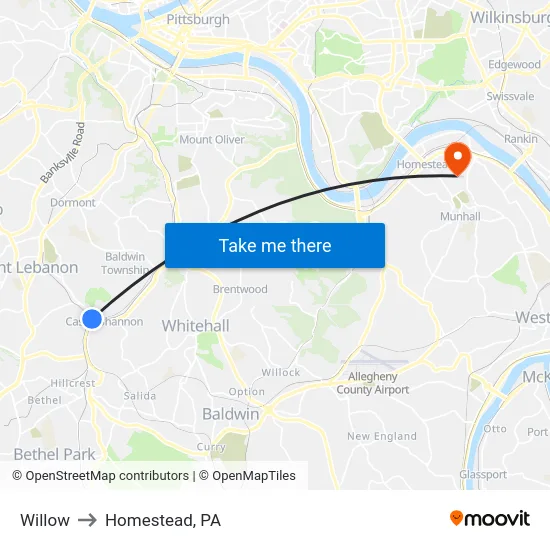 Willow to Homestead, PA map