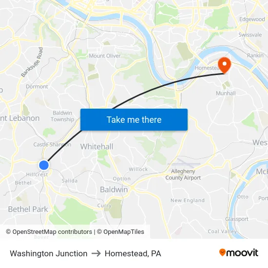 Washington Junction to Homestead, PA map