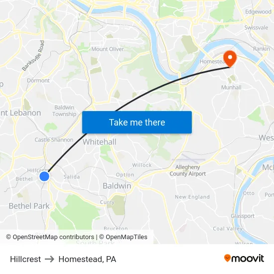 Hillcrest to Homestead, PA map