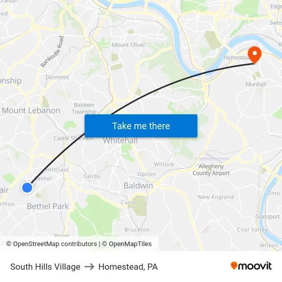 South Hills Village to Homestead, PA map