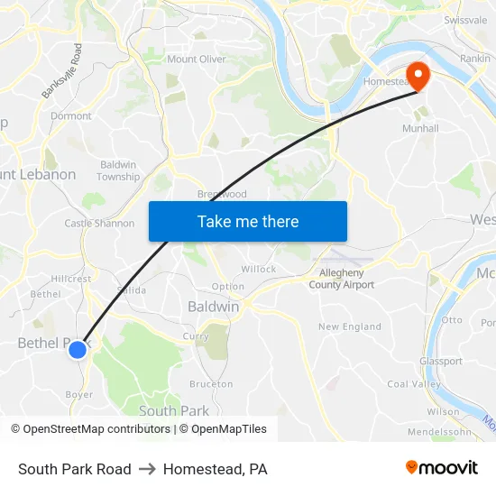 South Park Road to Homestead, PA map