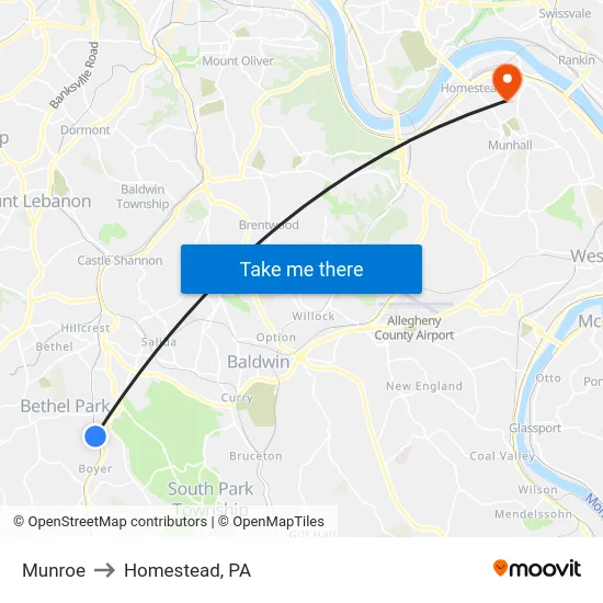 Munroe to Homestead, PA map