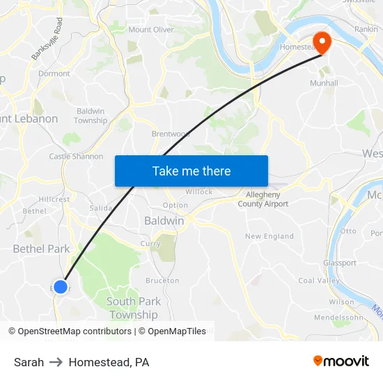 Sarah to Homestead, PA map