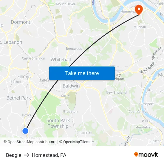 Beagle to Homestead, PA map