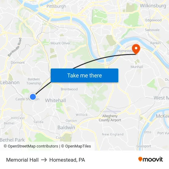 Memorial Hall to Homestead, PA map