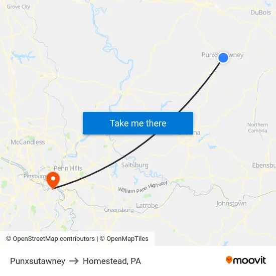 Punxsutawney to Homestead, PA map