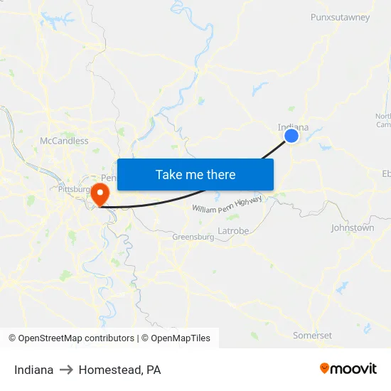 Indiana to Homestead, PA map