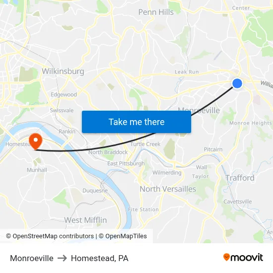 Monroeville to Homestead, PA map