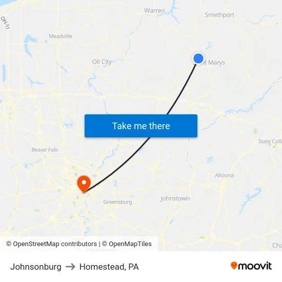 Johnsonburg to Homestead, PA map