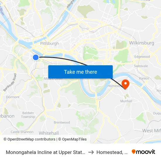 Monongahela Incline at Upper Station to Homestead, PA map