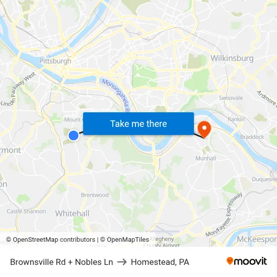 Brownsville Rd + Nobles Ln to Homestead, PA map