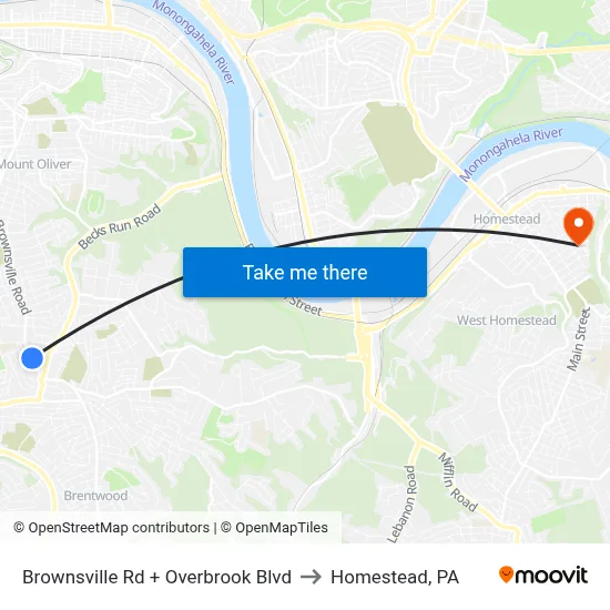 Brownsville Rd + Overbrook Blvd to Homestead, PA map