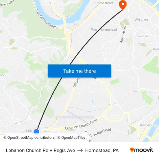 Lebanon Church Rd + Regis Ave to Homestead, PA map