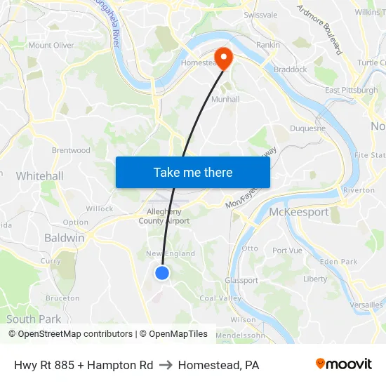 Hwy Rt 885 + Hampton Rd to Homestead, PA map
