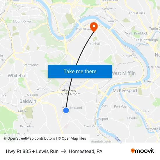 Hwy Rt 885 + Lewis Run to Homestead, PA map