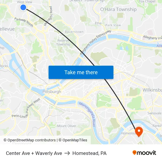 Center Ave + Waverly Ave to Homestead, PA map