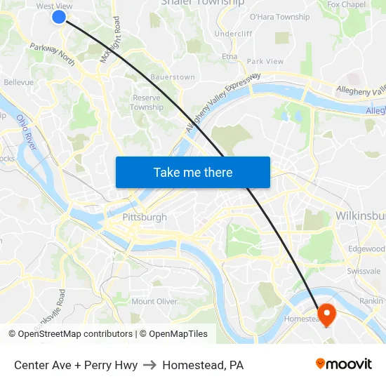 Center Ave + Perry Hwy to Homestead, PA map