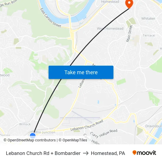 Lebanon Church Rd + Bombardier to Homestead, PA map