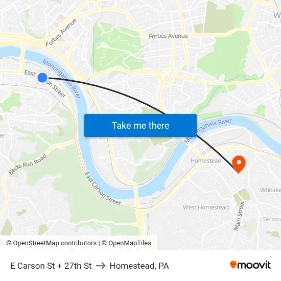 E Carson St + 27th St to Homestead, PA map