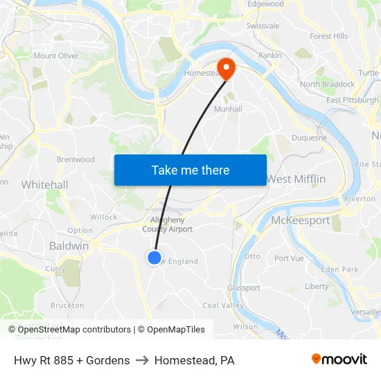 Hwy Rt 885 + Gordens to Homestead, PA map