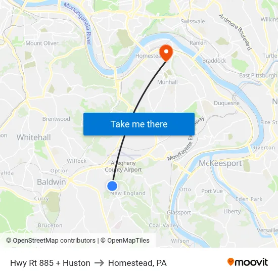 Hwy Rt 885 + Huston to Homestead, PA map