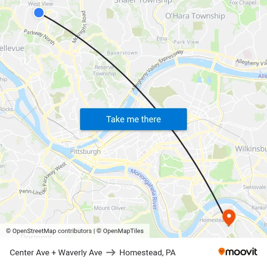 Center Ave + Waverly Ave to Homestead, PA map