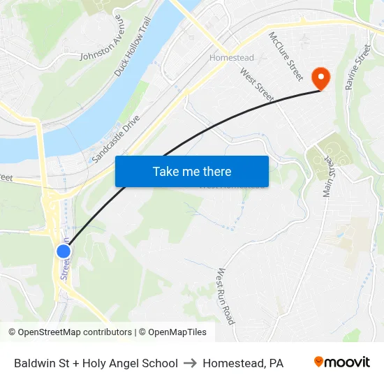 Baldwin St + Holy Angel School to Homestead, PA map