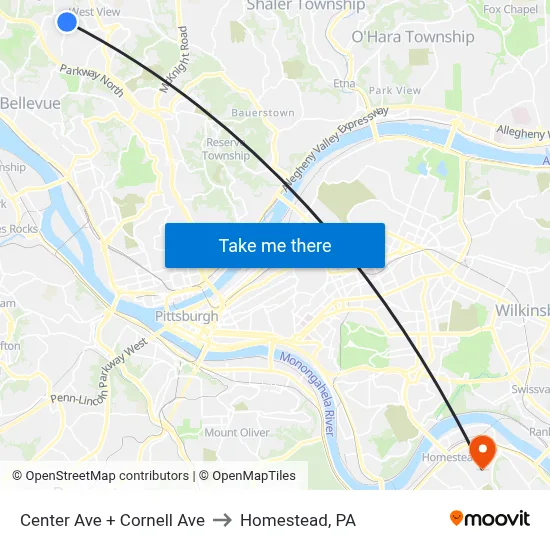 Center Ave + Cornell Ave to Homestead, PA map