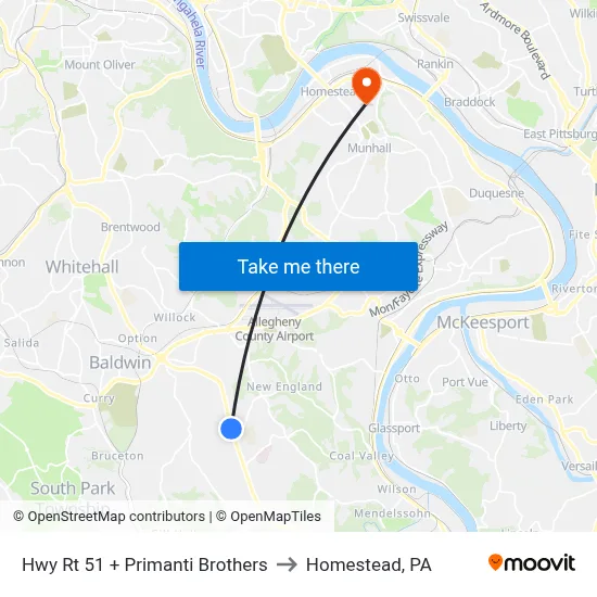 Hwy Rt 51 + Primanti Brothers to Homestead, PA map