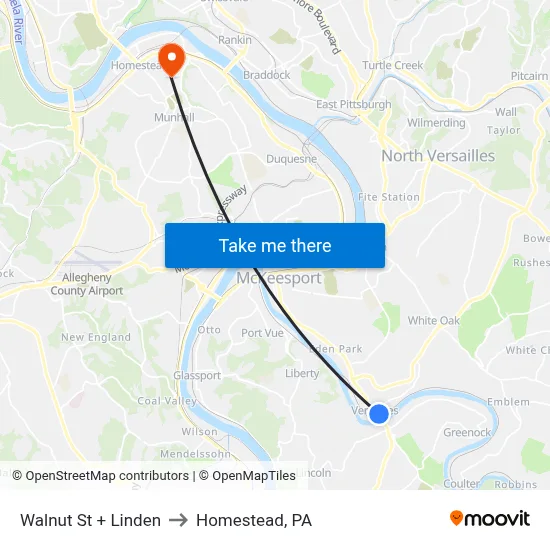 Walnut St + Linden to Homestead, PA map