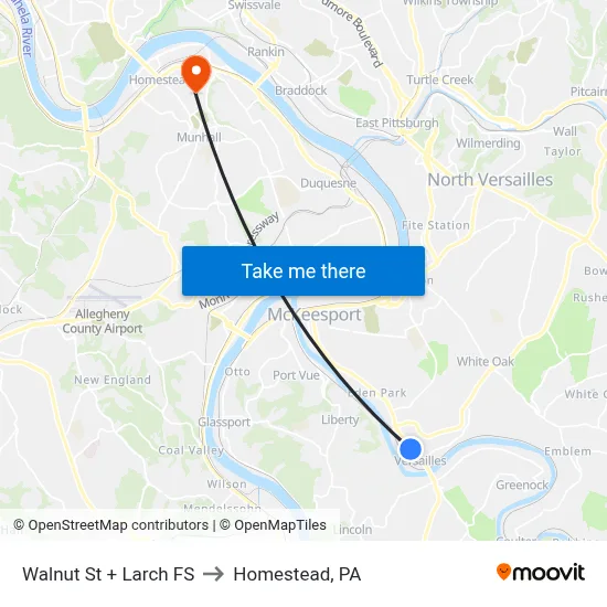 Walnut St + Larch FS to Homestead, PA map